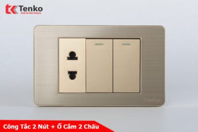 Công Tắc 2 Nút Và Ổ Cắm Đôi Âm Tường Mặt Hợp Kim Bo Viền Màu Vàng TENKO TK-C7G-027