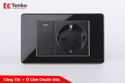 Công Tắc + Ổ Cắm Chìm Chuẩn Đức Mặt Màu Đen Viền Vàng Thương Hiệu Nhật Tenko TK-C26-063