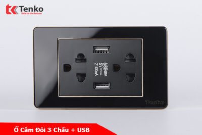 Ổ Cắm Điện Đôi 3 Chấu Có USB Màu Đen Viền Vàng Âm Tường Mặt Nhựa Tenko TK-C26-045