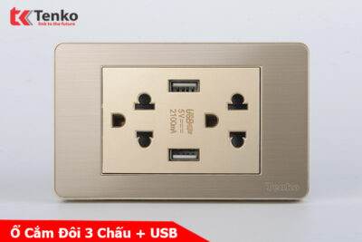 Ổ Điện Đôi 3 Chấu Tích Hợp 2 Cổng USB Sạc Âm Tường Màu Vàng TENKO TK-C7G-045