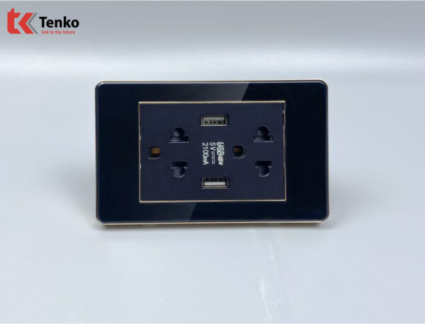Ổ Cắm Điện Đôi 3 Chấu Có USB Màu Đen Viền Vàng Âm Tường Mặt Nhựa Tenko TK-C26-045