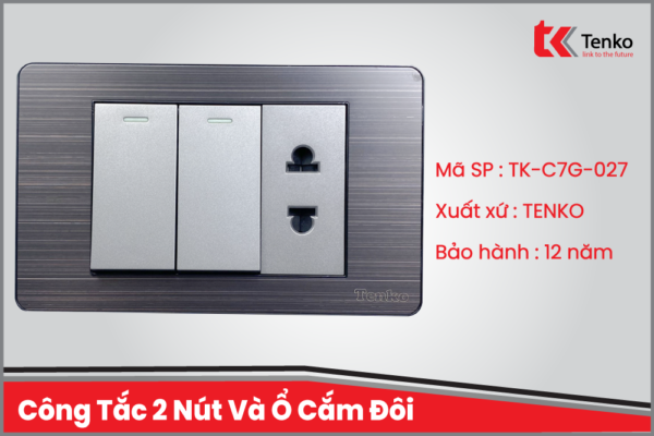 Công Tắc 2 Nút Và Ổ Cắm Đôi Âm Tường Mặt Kim Loại Bo Viền Đen Xám TENKO TK-C7G-027