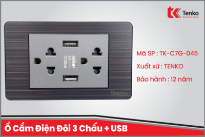 Ổ Cắm Điện Đôi 3 Chấu Có USB Màu Đen Xám Âm Tường Mặt Hợp Kim Tenko TK-C7G-045