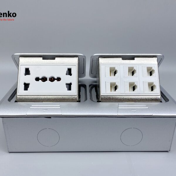 Ổ Cắm Điện Âm Sàn Đôi 3 Chấu Kèm 6 Ổ Mạng LAN Chính Hãng Tenko TK-J04-09 Bạc