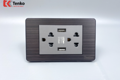 Ổ Cắm Điện Đôi 3 Chấu Có USB Màu Đen Xám Âm Tường Mặt Hợp Kim Tenko TK-C7G-045