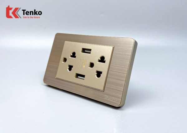 Ổ Cắm Điện Đôi 3 Chấu Có USB Màu Vàng Âm Tường Mặt Hợp Kim Tenko TK-C7G-045