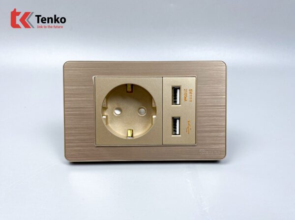 Ổ Cắm Chìm Chuẩn Đức Có USB Màu Vàng Âm Tường Mặt Hợp Kim Tenko TK-C7G-065