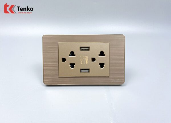 Ổ Cắm Điện Đôi 3 Chấu Có USB Màu Vàng Âm Tường Mặt Hợp Kim Tenko TK-C7G-045