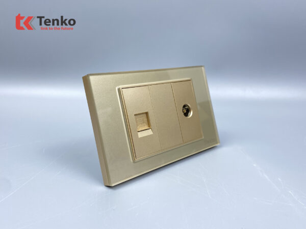 Ổ Cắm Cáp Đồng Trục Và LAN (Mạng) Âm Tường Mặt Kính Cường Lực TENKO TK-C18-075 Vàng
