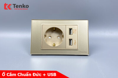 Ổ Cắm Chìm Chuẩn Đức Có USB Âm Tường Mặt Kính Cường Lực Tenko TK-C18-065 Vàng