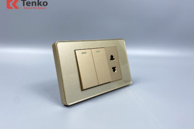 Công Tắc 2 Nút Và Ổ Cắm Đôi Âm Tường Mặt Nhựa Epoxy TENKO TK-C9-027 Vàng