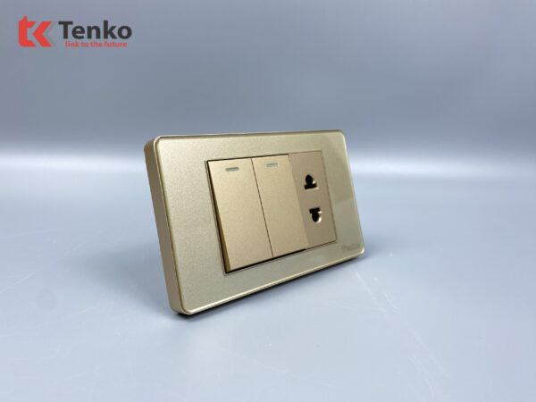 Công Tắc 2 Nút Và Ổ Cắm Đôi Âm Tường Mặt Nhựa Epoxy TENKO TK-C9-027 Vàng