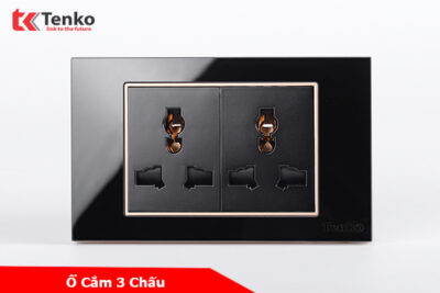 Ổ Cắm Đôi 3 Chấu Đa Năng Âm Tường Mặt Kính Cường Lực TENKO TK-C18-050 Đen Viền Vàng