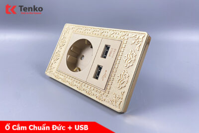 Ổ Cắm Chìm Chuẩn Đức Có USB Mặt Hoa Văn Đồng Nguyên Khối Tenko TK-C8-065