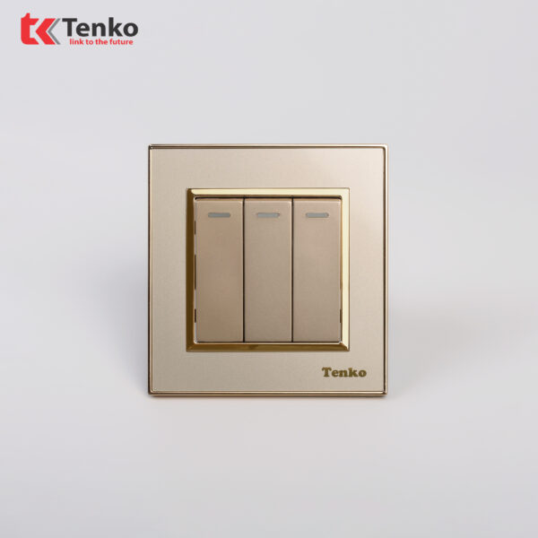 Công Tắc 3 Nút Âm Tường Mặt Nhựa Vàng Viền Vàng Tenko TK-F66-03