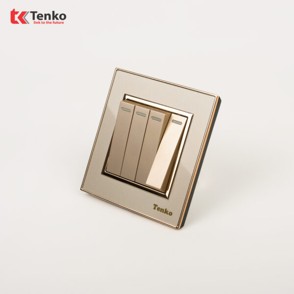 Công Tắc 4 Nút Âm Tường Mặt Nhựa Vàng Viền Vàng Tenko TK-F66-04