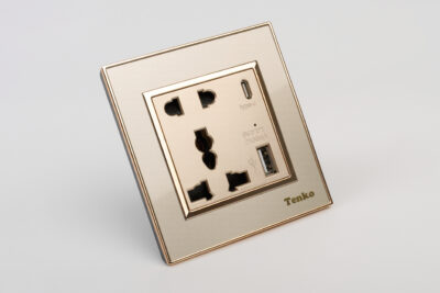 Ổ Cắm Đôi Kèm Cổng USB Sạc Mặt Nhựa Vàng Viền Vàng Tenko TK-F66-44