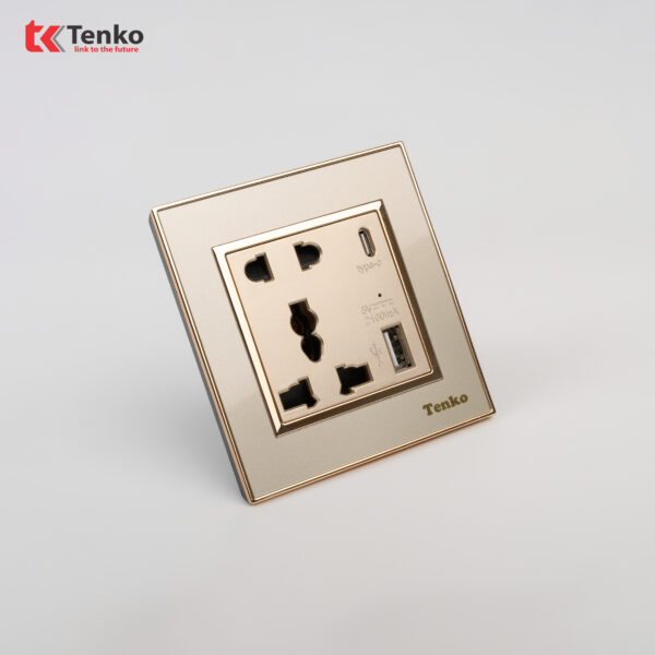 Ổ Cắm Đôi Kèm Cổng USB Sạc Mặt Nhựa Vàng Viền Vàng Tenko TK-F66-44