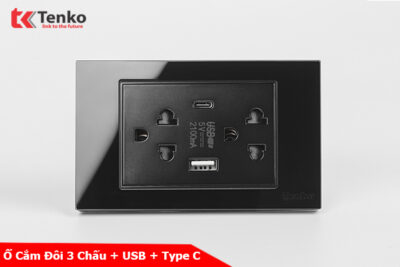 Ổ Cắm Đôi 3 Chấu + USB + Type C Âm tường Mặt Kính Cường Lực Đen TENKO TK-C18-045