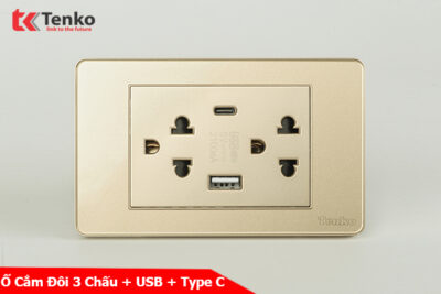 Ổ Cắm Đôi 3 Chấu + USB + Type C Âm tường Mặt Nhựa Epoxy Vàng TENKO TK-C9-045