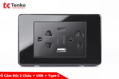 Ổ Cắm Đôi 3 Chấu + USB + Type C Âm tường Mặt Nhựa Epoxy Đen TENKO TK-C9-045