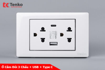 Ổ Cắm Đôi 3 Chấu + USB + Type C Âm tường Mặt Nhựa Epoxy Trắng Viền Bạc TENKO TK-C27-045