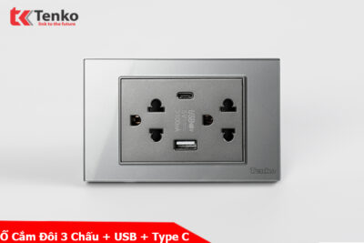 Ổ Cắm Điện Kèm USB Và Type C Âm Tường Mặt Kính Cường Lực TENKO TK-C18-045 Xám