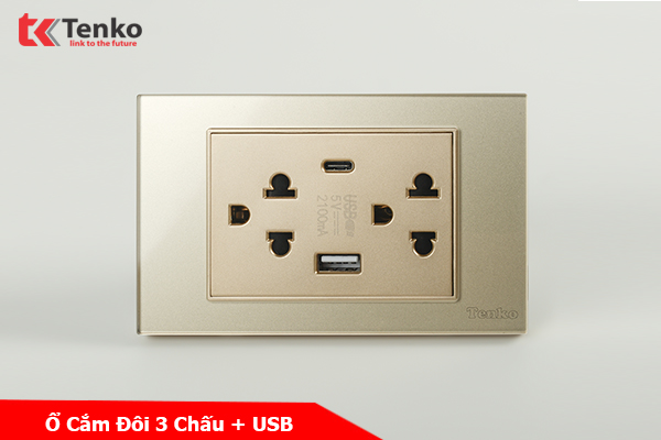 Ổ Cắm Đôi 3 Chấu + USB + Type C Âm tường Mặt Kính Cường Lực Vàng TENKO TK-C18-045