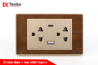 Ổ Điện Đôi 3 Chấu Tích Hợp Cổng USB, Type C Sạc Âm Tường Vân Gỗ Viền Vàng Tenko TK-C6-045USB