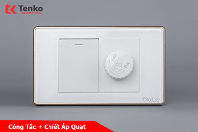 Chiết Áp Quạt Âm Tường+Công Tắc Mặt Kính Cường Lực Cao Cấp TENKO TK-C18W-087 Trắng Viền Vàng