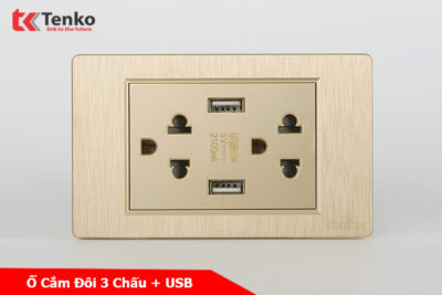 Phân Phối Ổ Điện Đôi 3 Chấu Tích Hợp 2 Cổng USB Sạc Âm Tường Màu Vàng Xước TENKO TK-C5-045