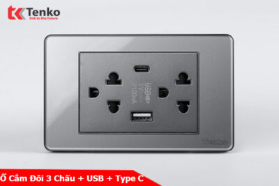 Ổ Cắm Đôi 3 Chấu + USB + Type C Âm tường Mặt Nhựa Epoxy Xám TENKO TK-C9-045