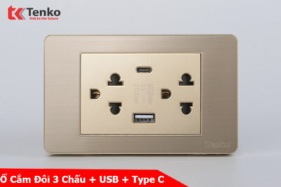 Ổ Cắm Đôi 3 Chấu + USB + Type C Âm tường Mặt Kim Loại Vàng TENKO TK-C7G-045