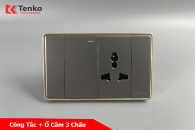 Công Tắc Ổ Cắm Điện Âm tường Tràn Viền TENKO TK-C1-039 Xám Viền Vàng