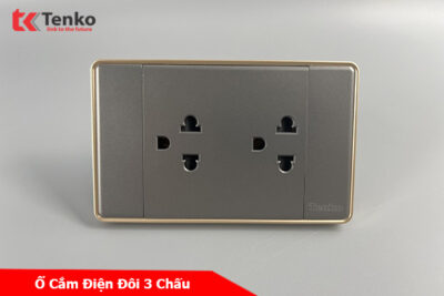 Ổ Điện Đôi 3 Chấu Đa Năng Âm Tường Mặt Tràn Viền TENKO TK-C1-044 Xám Viền Vàng