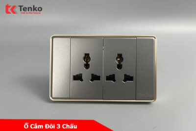 Ổ Điện Đôi 3 Chấu Âm Tường Mặt Tràn Viền Tenko TK-C1-050 Xám Viền Vàng