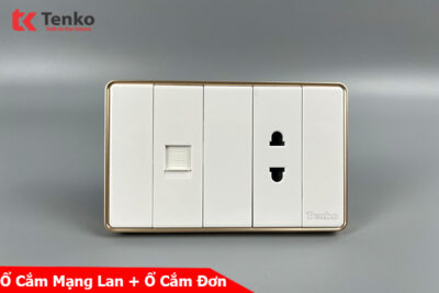 Ổ Cắm 2 Chấu Và Mạng LAN Âm tường Cao Cấp Mặt Tràn Viền TENKO TK-C1-076 Trắng Viền Vàng