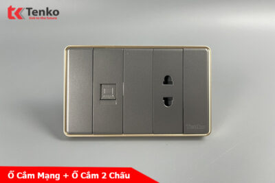 Ổ Cắm 2 Chấu Và Mạng LAN Âm tường Cao Cấp Mặt Tràn Viền TENKO TK-C1-076 Xám Viền Vàng