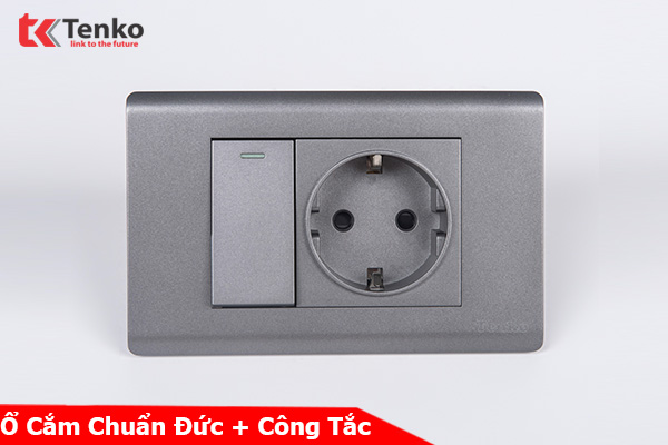 Ổ Cắm Chìm Chuẩn Đức Có Công Tắc Chống Cháy Cao Cấp TENKO TK-C25-063 – Mặt Nhựa PC Xám