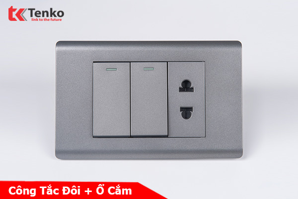 Công Tắc 2 Nút Và Ổ Cắm Đôi Âm Tường TENKO TK-C25-027 Mặt Nhựa PC Xám