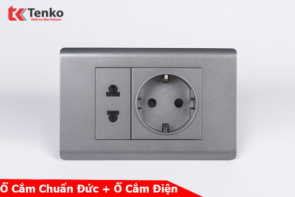 Ổ Điện Đôi 2 Chấu Chuẩn Đức Chống Cháy Cao Cấp TENKO TK-C25-059 – Mặt Nhựa PC Xám
