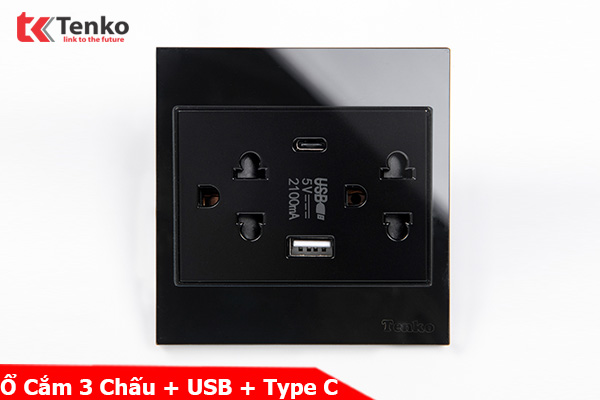 Ổ Cắm Đôi 3 Chấu + USB + Type C Kính Cường Lực Tenko TK-V18-045 – Giải Pháp Điều Khiển Điện Hiện Đại, Bền Bỉ