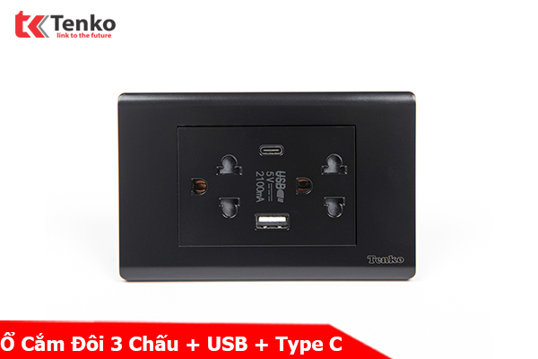 Ổ Cắm Đôi 3 Chấu Và USB Và Type C Âm tường Cao Cấp TENKO TK-C25-045 – Mặt Nhựa PC Đen