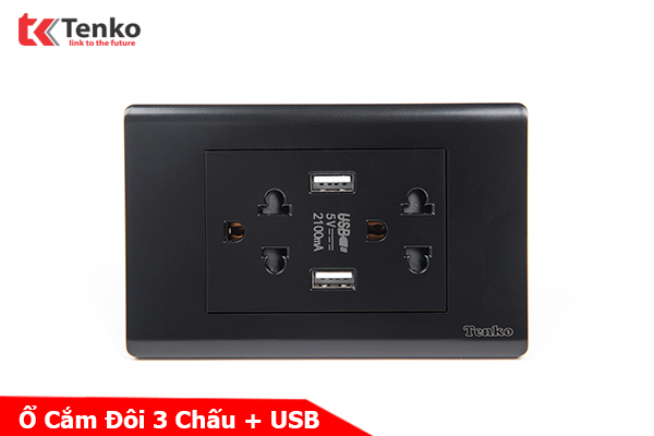 Ổ Cắm Đôi 3 Chấu Và USB Âm tường Cao Cấp TENKO TK-C25-045 – Mặt Nhựa PC Đen