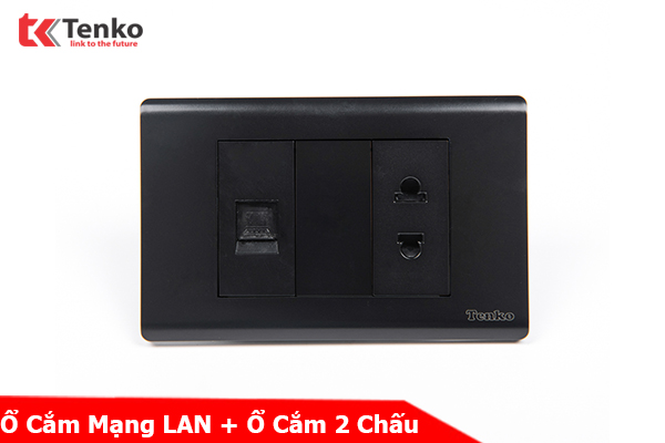 Ổ Cắm 2 Chấu Và Mạng LAN Chống Cháy Cao Cấp TENKO TK-C25-076 – Mặt Nhựa PC Đen