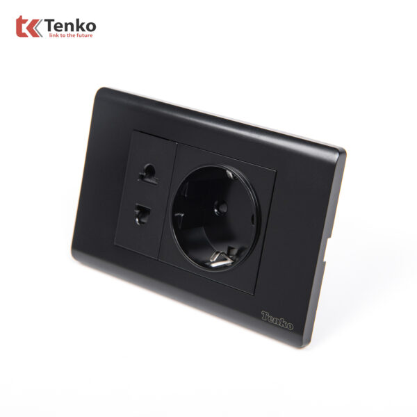 Ổ Điện Đôi 2 Chấu Chuẩn Đức Chống Cháy Cao Cấp TENKO TK-C25-059 – Mặt Nhựa PC Đen
