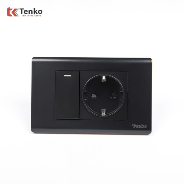Ổ Cắm Chuẩn Đức Schuko Kết Hợp Công Tắc – Mặt Nhựa PC Đen Tenko TK-C25-063