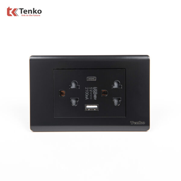 Ổ Cắm Đôi 3 Chấu Và USB Và Type C Âm tường Cao Cấp TENKO TK-C25-045 – Mặt Nhựa PC Đen