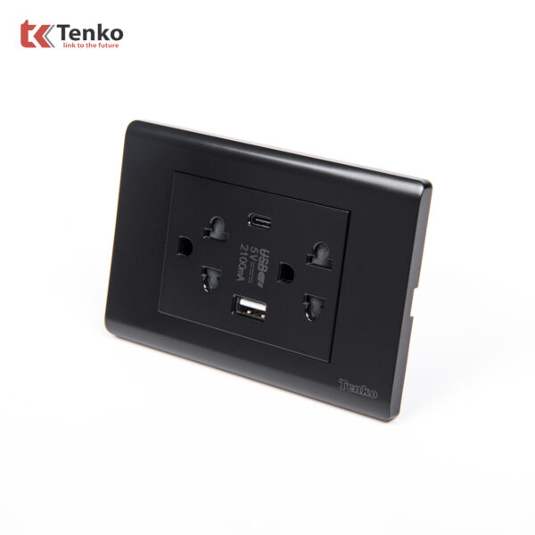 Ổ Cắm Đôi 3 Chấu Và USB Và Type C Âm tường Cao Cấp TENKO TK-C25-045 – Mặt Nhựa PC Đen