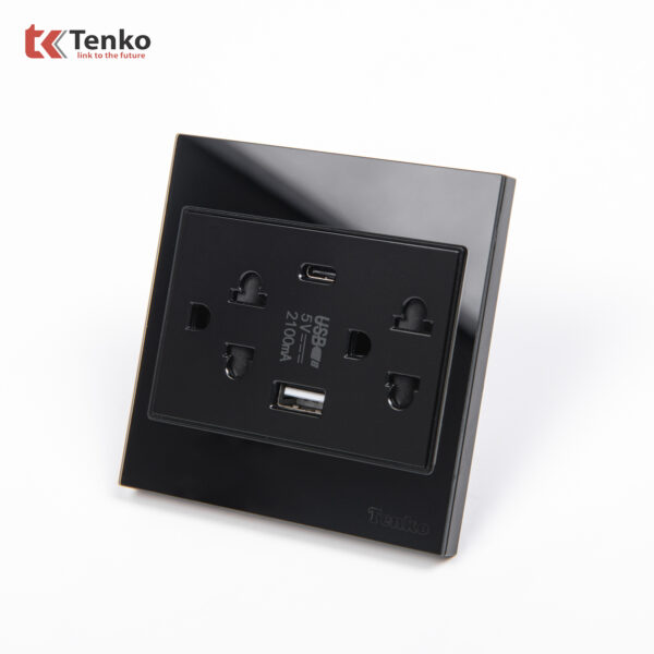 Ổ Cắm Đôi 3 Chấu + USB + Type C Kính Cường Lực Tenko TK-V18-045 – Giải Pháp Điều Khiển Điện Hiện Đại, Bền Bỉ